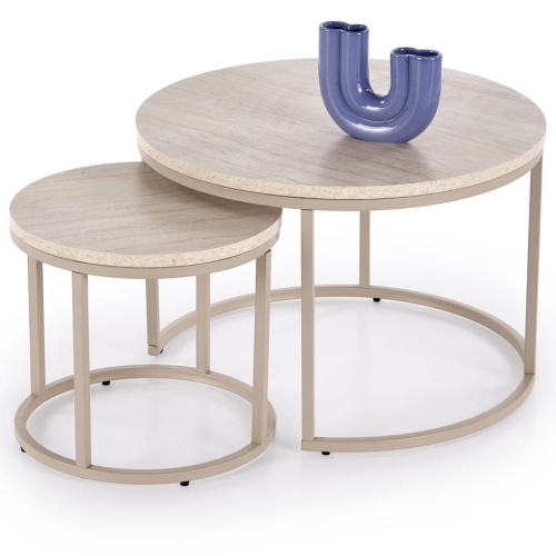 Przejdź do produktu Stolik kawowy PAOLA zestaw 2 ław trawertyn, kaszmir