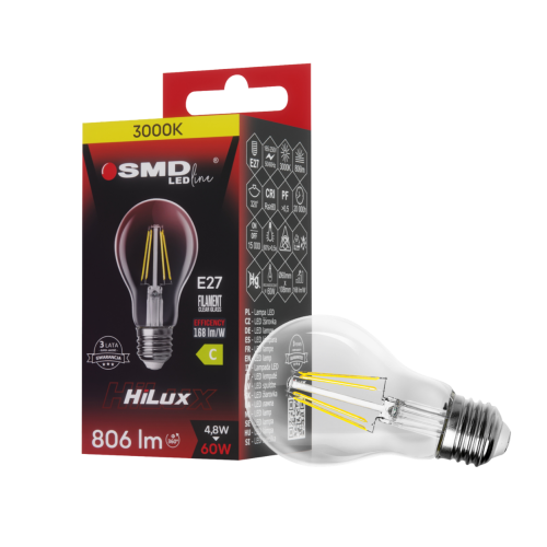 Przejdź do produktu ŻARÓWKA E27 4,8W 3000K 806lm LED FILAME CLEAR HiLux
